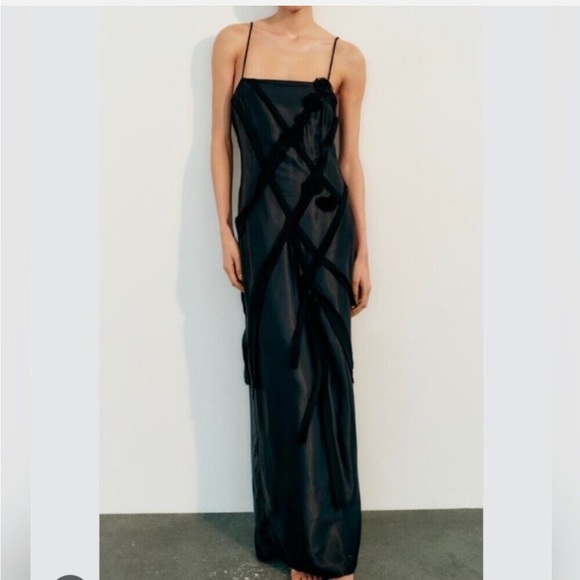 Zara NWT black satin & mesh floral appliqué slip maxi dress with spaghetti strap - Picture 9 of 12
